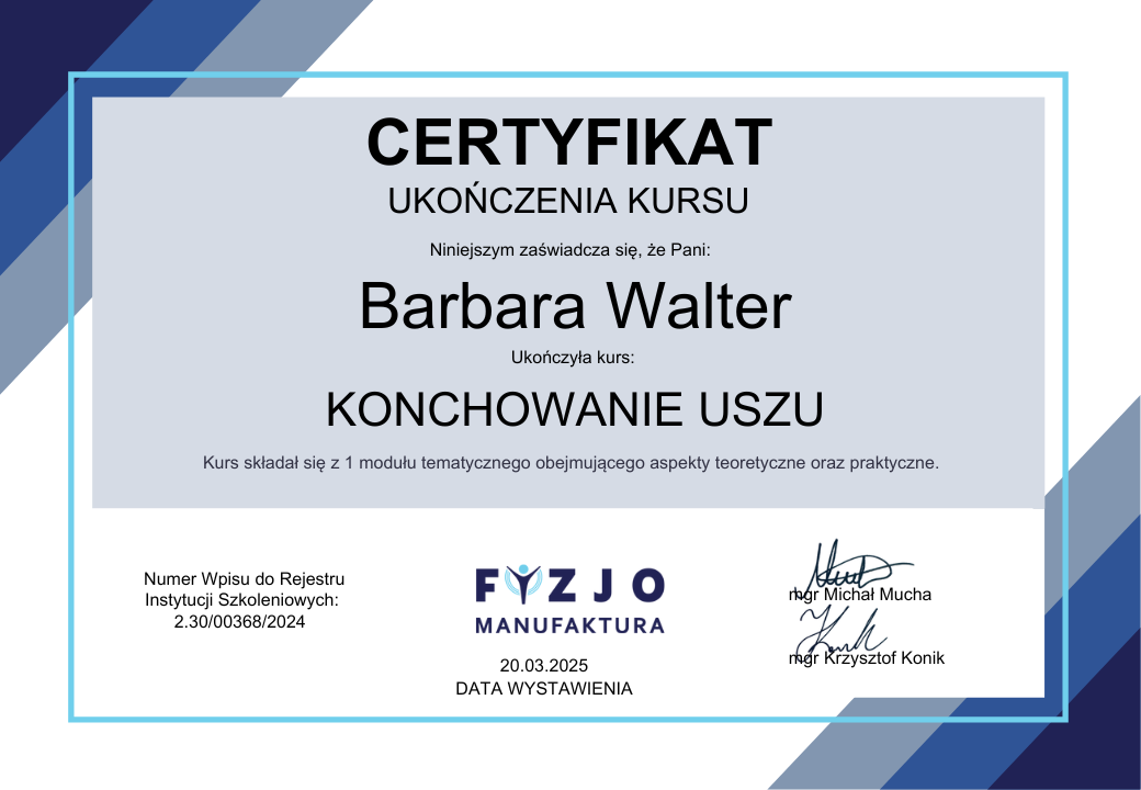 Certyfikat terapii konchowania uszu