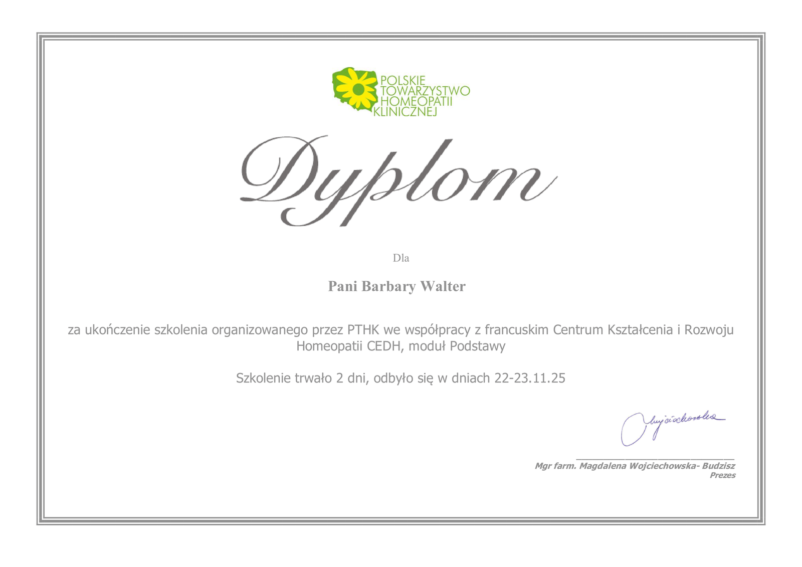 Dyplom Polskiego Towarzystwa Homeopatii Klinicznej